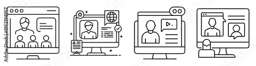 Illustrative outline icons representing online courses and remote virtual meetings