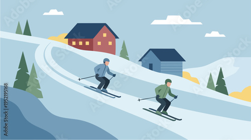 Two people skiing downhill on snowy slope in a winter landscape with houses and pine trees