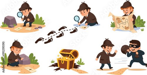 Detective Adventure Scene Set with Treasure Hunt Map Footprints Clues and Cartoon Investigator Character Vector Illustration Collection
