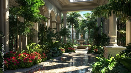 34.Luxurious indoor courtyard with tropical foliage, layered stone elements, bright flowers blooming beside sculpted pathways, soft ambient lighting enhancing serene 3d-rendered atmosphere