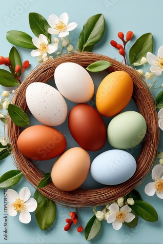 Easter wreath with pastel eggs and spring flowers arranged in a decorative nest