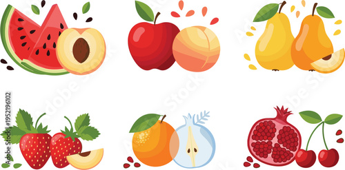 Fresh Summer Fruits Set with Watermelon Peach Apple Pear Strawberry Pomegranate Cherry Colorful Juicy Food Vector Illustration Collection