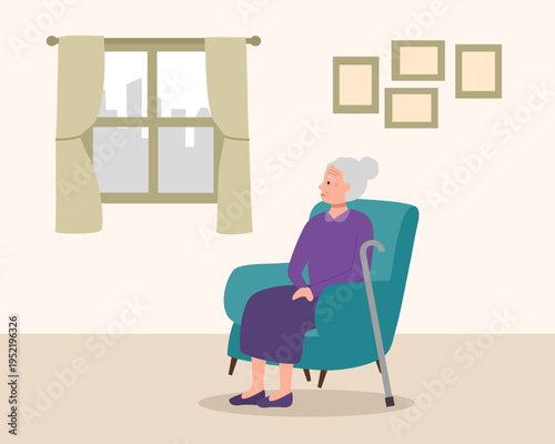 Sad senior woman sitting on a sofa. Lonely old woman character vector illustration.