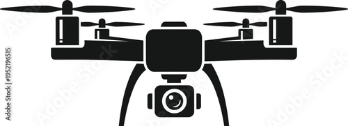 "Black silhouette illustration of quadcopter drone with four rotors and mounted camera, minimalistic design used for aerial photography, videography, surveillance, and modern technology applications"