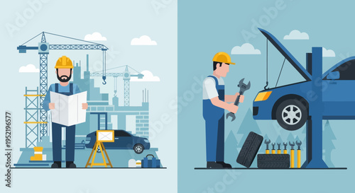 Flat design illustration of two construction workers with hard hats and tools in a city and garage setting with blue background.