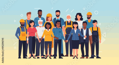 Diverse group of people in various professions standing together on a gradient background from blue to yellow with a flat design style.