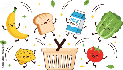 Healthy Food Grocery Basket Concept with Cute Cartoon Characters Banana Bread Milk Cheese Tomato Lettuce Vector Illustration Set