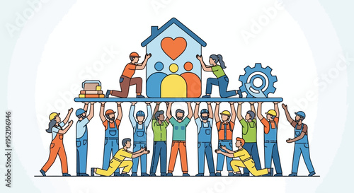 Illustration of diverse workers in construction gear holding up a house with a heart and people icons on a white background with a shallow depth of field and warm colors conveying teamwork.
