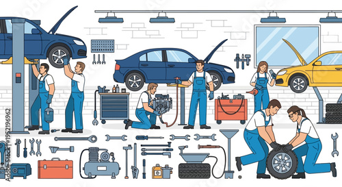 Illustration of a busy car garage with mechanics working on vehicles and tools scattered around, in a colorful and detailed flat lay composition.