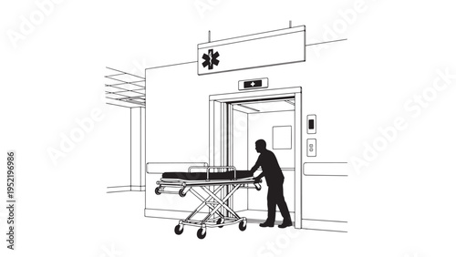 Hospital emergency entrance with patient stretcher transport for acute care operations and clinical service delivery