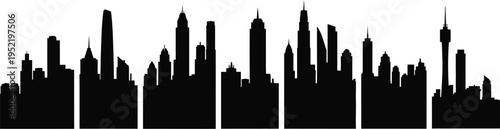 Collection of six detailed modern city skyline silhouettes, black vector icons of metropolitan urban horizons isolated on white.
