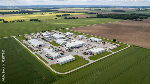 Aerial view of a large industrial complex surrounded by green fields and roads with several white buildings and vehicles.