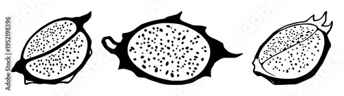 Dragon fruit set with half slice illustration showing seeds featuring exotic fruit, botanical illustration, graphic vector with solid black lines and white background