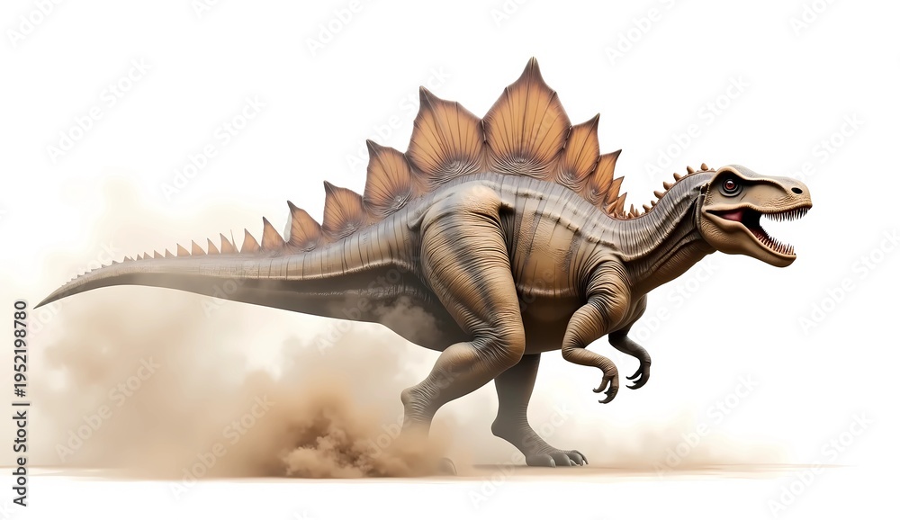 Fototapeta premium Full Body Stegosaurus Dinosaur Running in the Dust on White Background