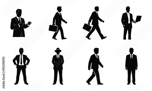 Dynamic business men silhouettes - professionals walking and posing with briefcases and laptops vector set
