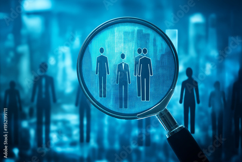 Selecting talented people. Recruitment and employment image. Magnifier and people icons on cityscape background