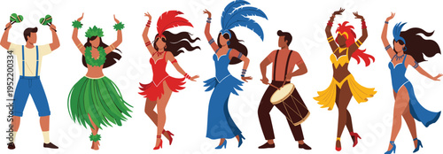 Colorful carnival dancers illustration, samba festival performers, Brazilian dance culture, rhythmic music celebration, vibrant costumes, multicultural parade, festive motion art