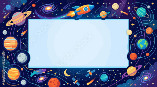 Colorful Space Frame with Planets Stars Rocket and Blank Copy Space