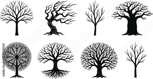 Set of black silhouettes of various tree shapes including bare branches gnarled trunks and baobab icons isolated on a white background for design