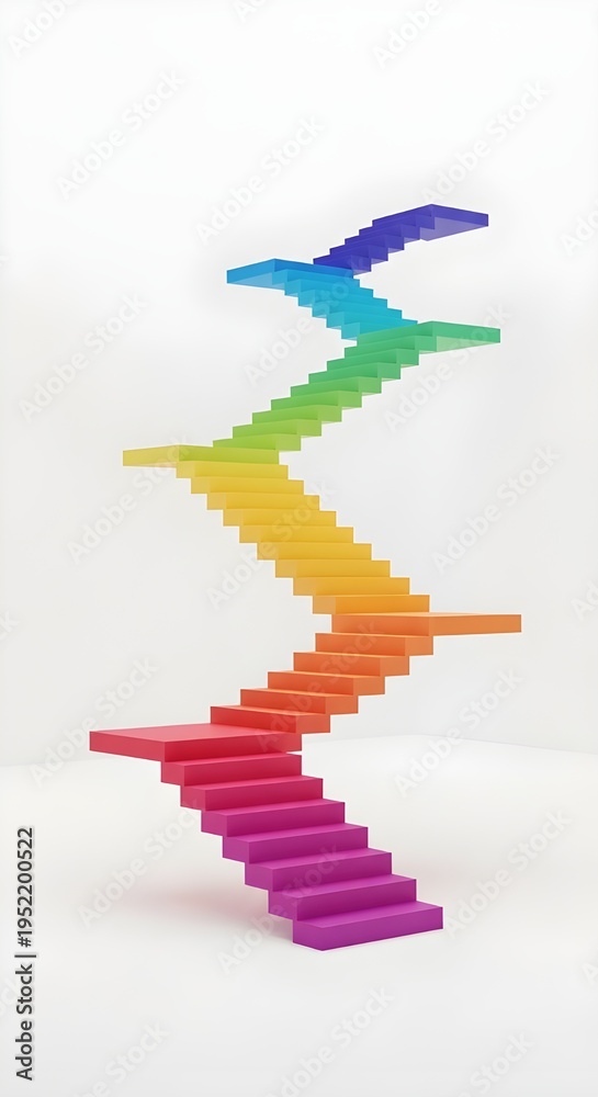 Fototapeta premium Colorful 3D staircase with multicolored blocks ascending in abstract geometric design on white background