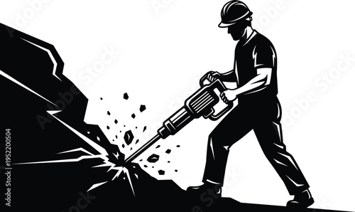 Black silhouette of a construction worker using a powerful pneumatic jackhammer to break through solid rock and stone on an industrial site