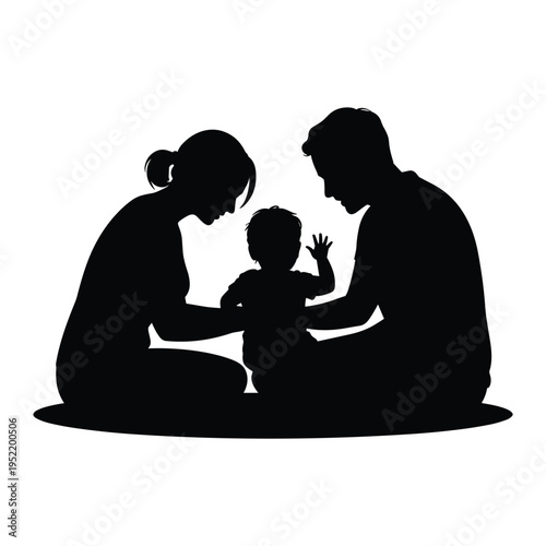 Loving parents and baby silhouette sitting on floor demonstrating family love and parenthood concept vector