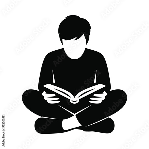 Person reading book silhouette sitting cross-legged for education learning and knowledge concept vector