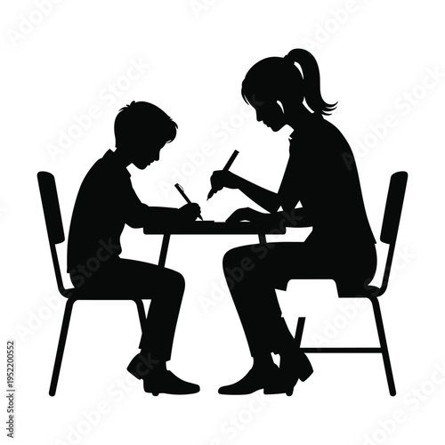 Teacher and student silhouette writing together at desk for tutoring education and learning activity vector