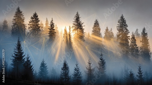 Sunbeams Break Through Foggy Forest at Dawn for an Ethereal Scenery Capture