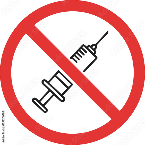 A red prohibition sign with a syringe inside indicating no needles or injections allowed
