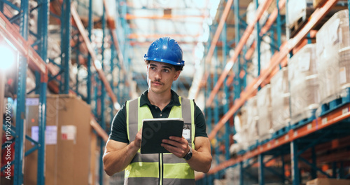 Foto Thinking, man and inspection with tablet in warehouse, supply chain or stock quality control on web