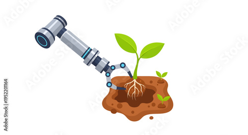 Robot arm planting a green seedling.
