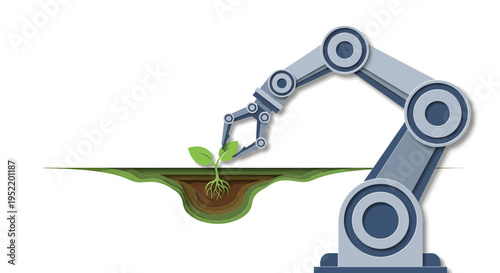 Robot arm planting a green seedling.