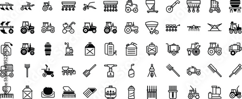 Agriculture and Farming Machinery Icon Set Featuring Tractors Plows Harvesters and Heavy Equipment Line Art Vectors for Industrial Agribusiness Graphic Design