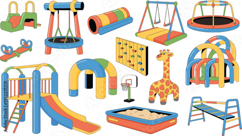 Colorful Playground Equipment Set, Cartoon Style Outdoor Park Illustration with Slides Swings Sandbox Climbing Frames and Kids Activities