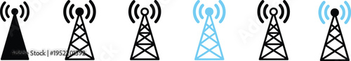Communication tower icons, wireless signal symbols, radio transmission graphics, telecom infrastructure design, digital connectivity illustration, broadcast technology elements