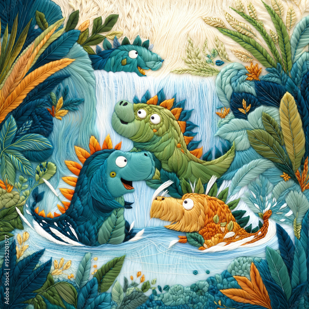 Naklejka premium Waterfall Dinosaur Embroidery Art