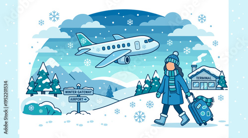 Winter Airport Travel Scene with Snow Falling