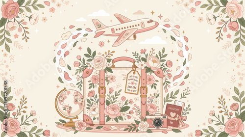 Vintage Travel Illustration with Flowers and Airplane
