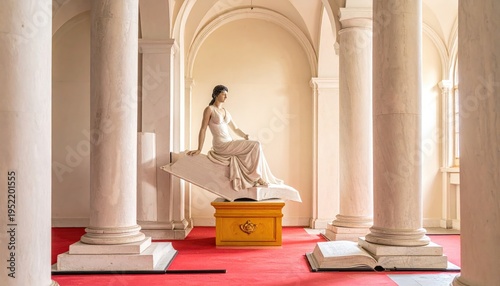 Classical Sculpture of a Woman in a Grand Architectural Setting.
