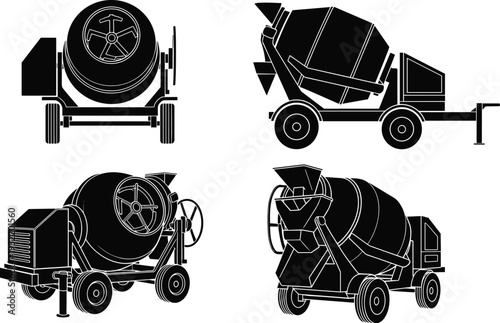 Concrete mixer illustrations, construction equipment vector, cement truck graphics, portable mixer icons, industrial machinery artwork, black blue outline style