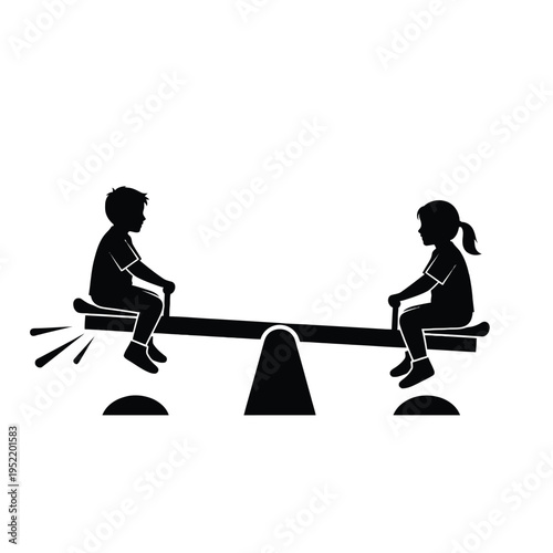 Two women balancing on seesaw in office chairs minimalist black and white illustration teamwork collaboration work life balance vector concept