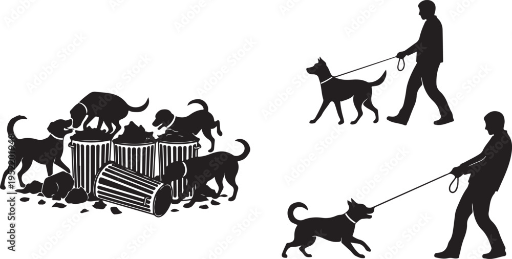 Obraz premium Dogs Searching Trash Cans and People Walking Dogs on Leash Isolated on white background