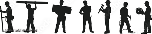 Construction Worker Silhouette Set, Builder and Carpenter with Tools, Industrial Labor and Maintenance Illustration Collection