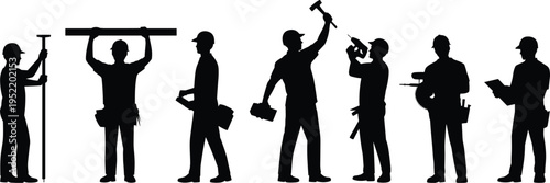 Construction worker silhouettes set, builders with tools isolated vector illustration on white background collection