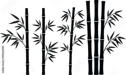Black bamboo silhouette vector illustration set with stalks and leaves isolated on white background for oriental zen nature landscape design