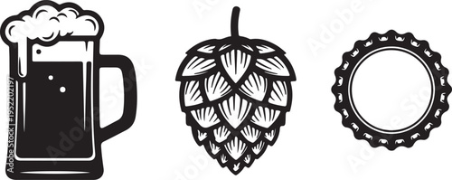 Beer Mug Hops and Bottle Cap Icons Representing Brewing Ingredients Isolated on White Background