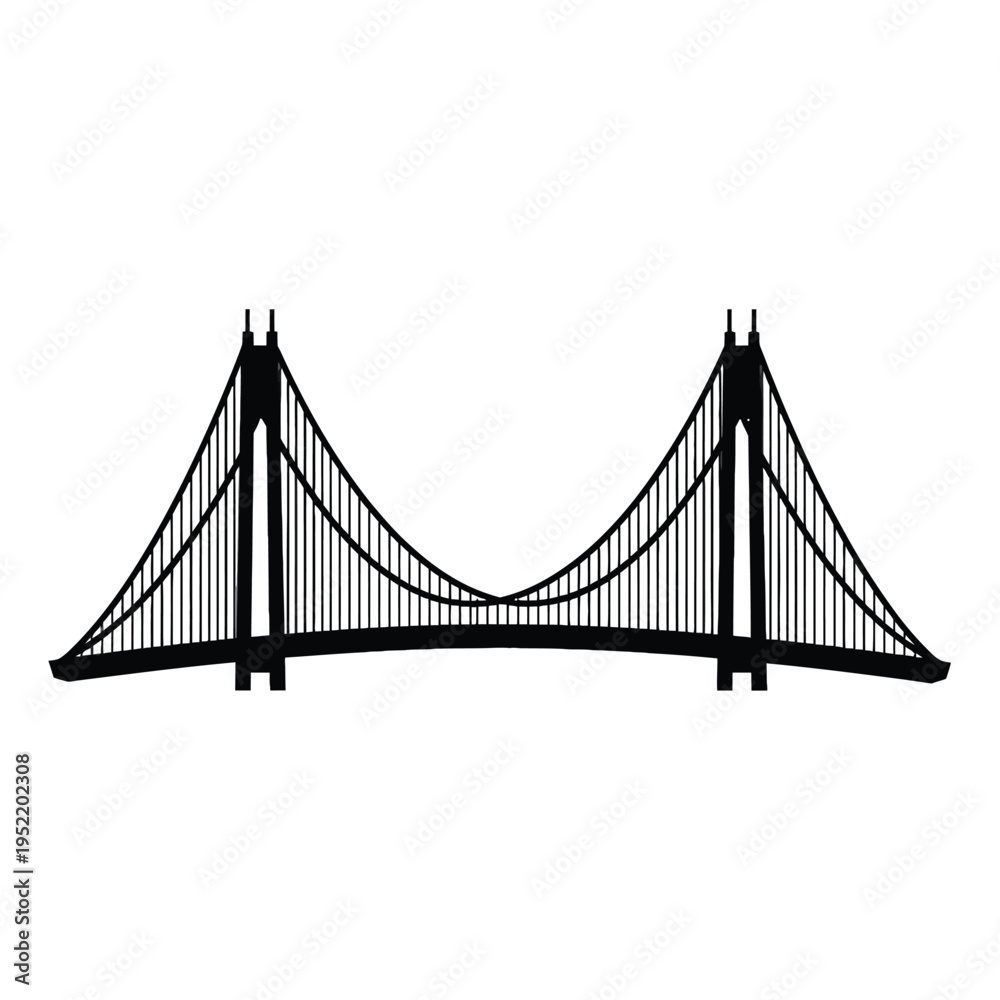 Fototapeta premium Suspension Bridge Silhouette Against White Background, Modern Infrastructure Illustration