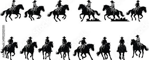 Cowboy riding horse silhouettes, western equestrian motion sequence, galloping ranch rider illustration, dynamic horseback action, vintage rodeo style artwork