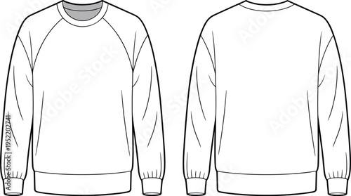 Crewneck sweatshirt technical flat sketch, front and back view, raglan sleeve design, fashion illustration, apparel template, vector